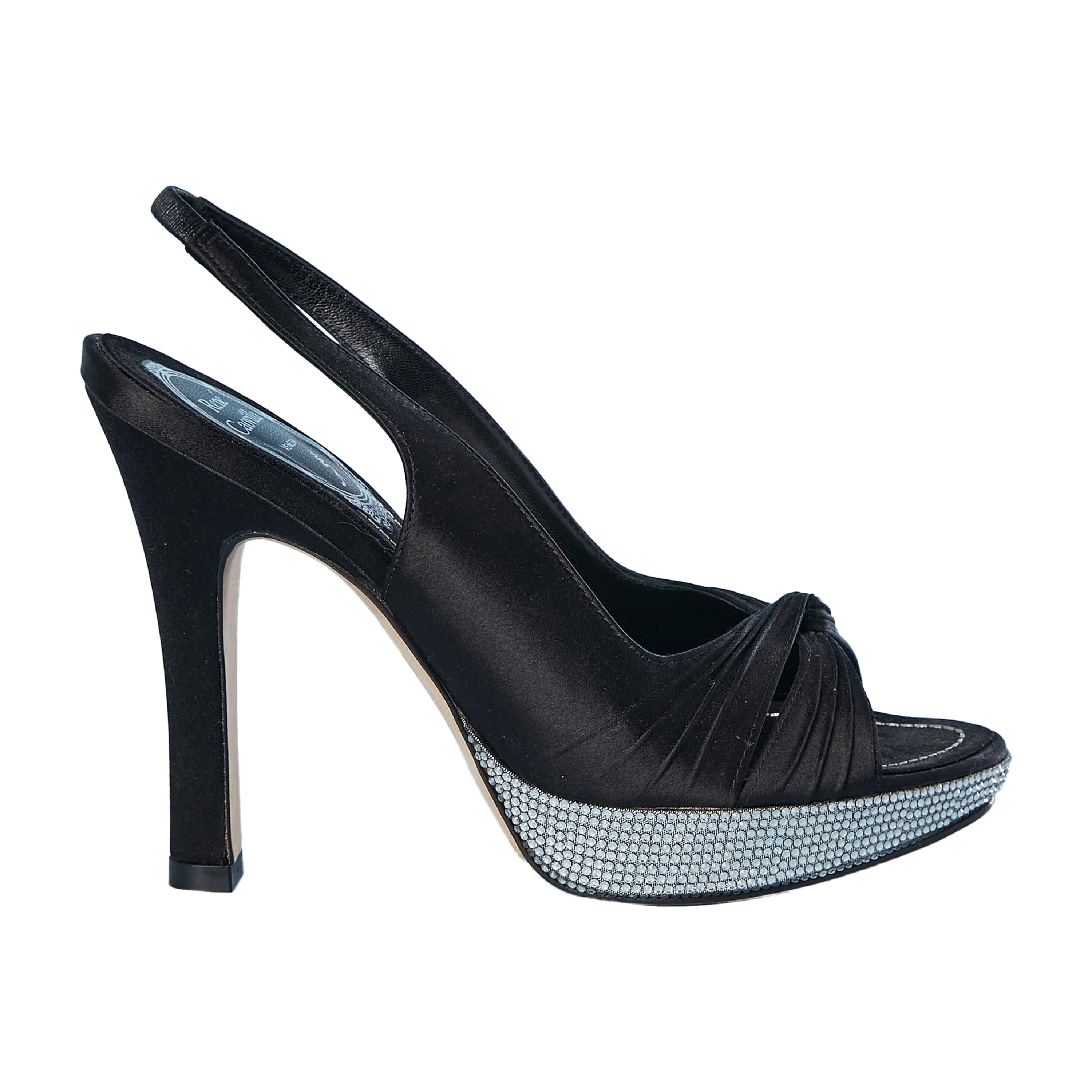 Black satin open-toe sandal with rhinestone platform René Caovilla NEW  For Sale