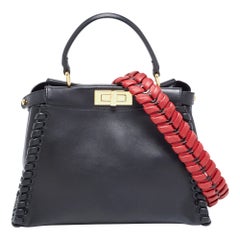 Fendi Black Leather Medium Whipstitched Peekaboo Top Handle Bag