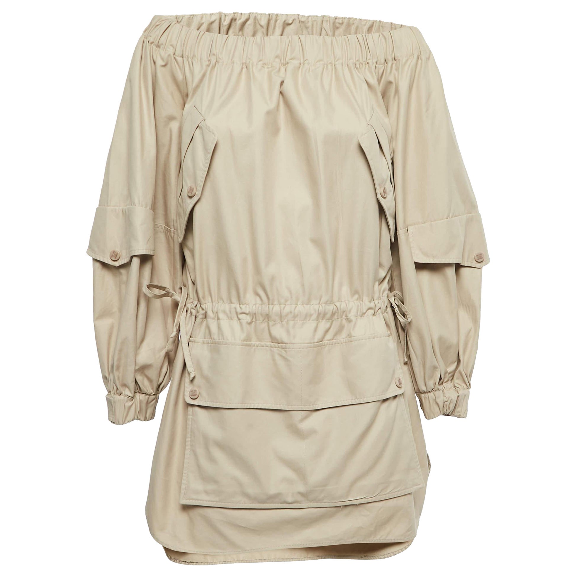 Max Mara Sfilata Beige Cotton Off Shoulder Pocket Detail Mini Dress S