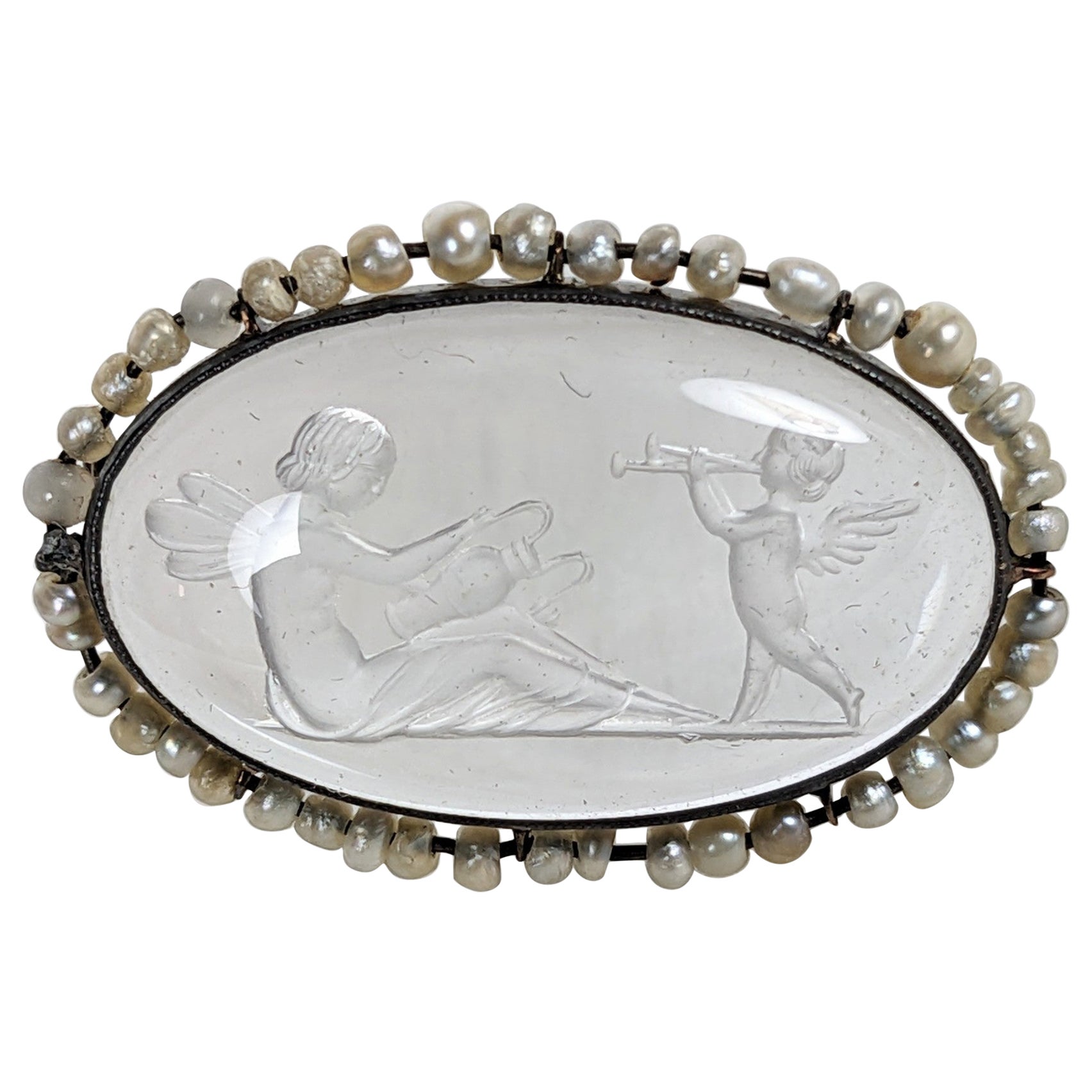 Edwardian Rock Crystal Intaglio and Seed Pearl Brooch For Sale