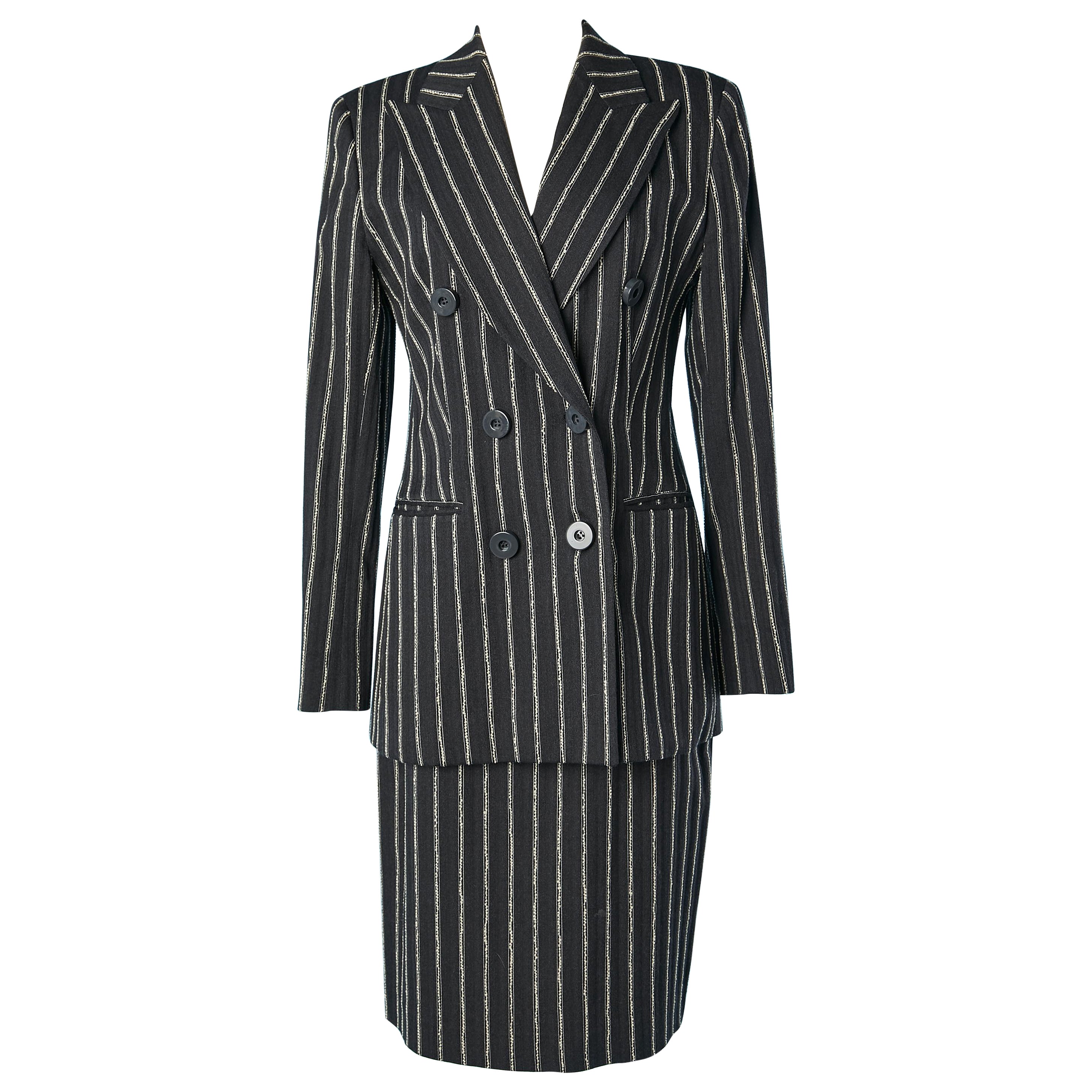 Anthracite striped wool and cotton double-breasted skirt suit Studio Ferré  For Sale
