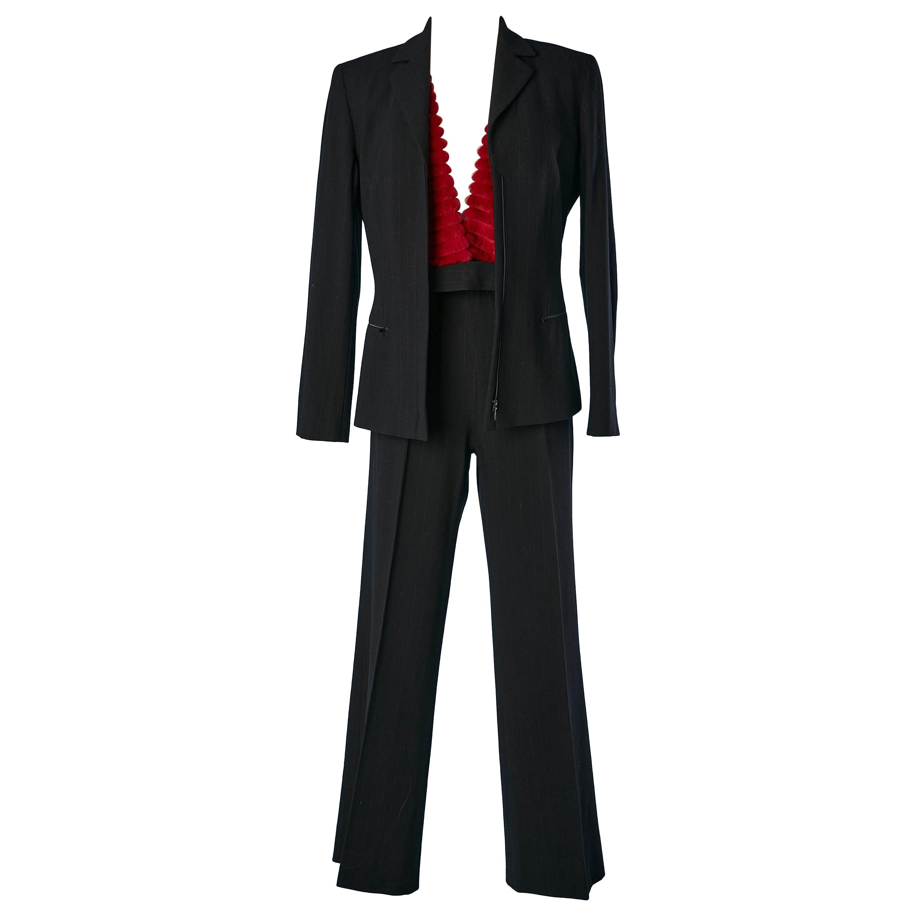 Black wool and red pin-stripe trouser-suit and fur vest Gianfranco Ferré Studio For Sale