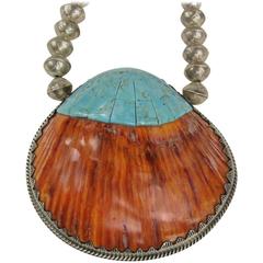 Hand Crafted Santo Domingo Sterling Silver Spiny Oyster & Turquoise Necklace 9