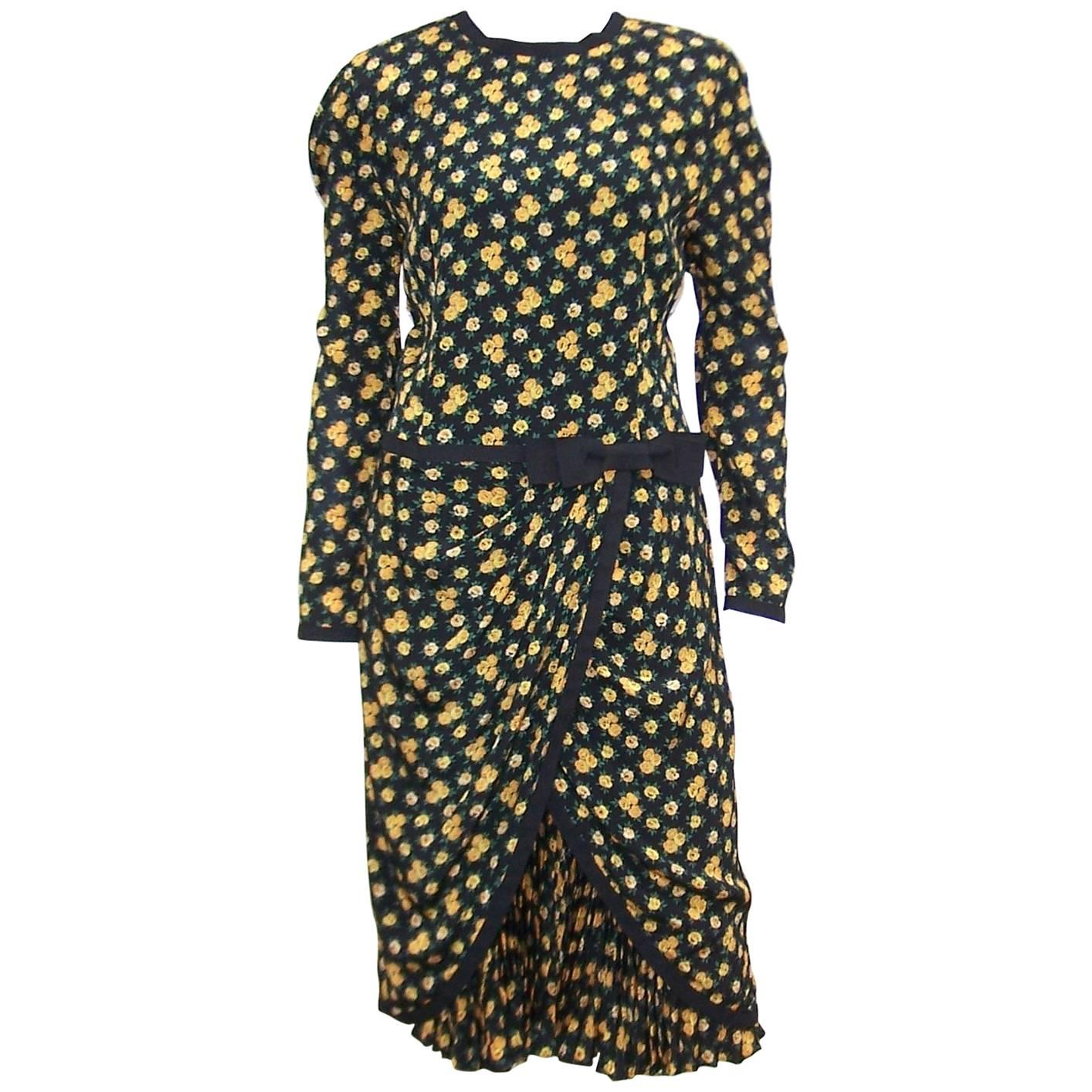 Louis Feraud Floral Silk Dress, 1980's 