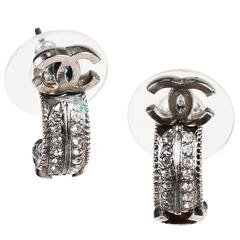 Chanel 11P Darkened Silver Tone Crystal 'CC' Logo Open Hoop Huggie Post Earrings