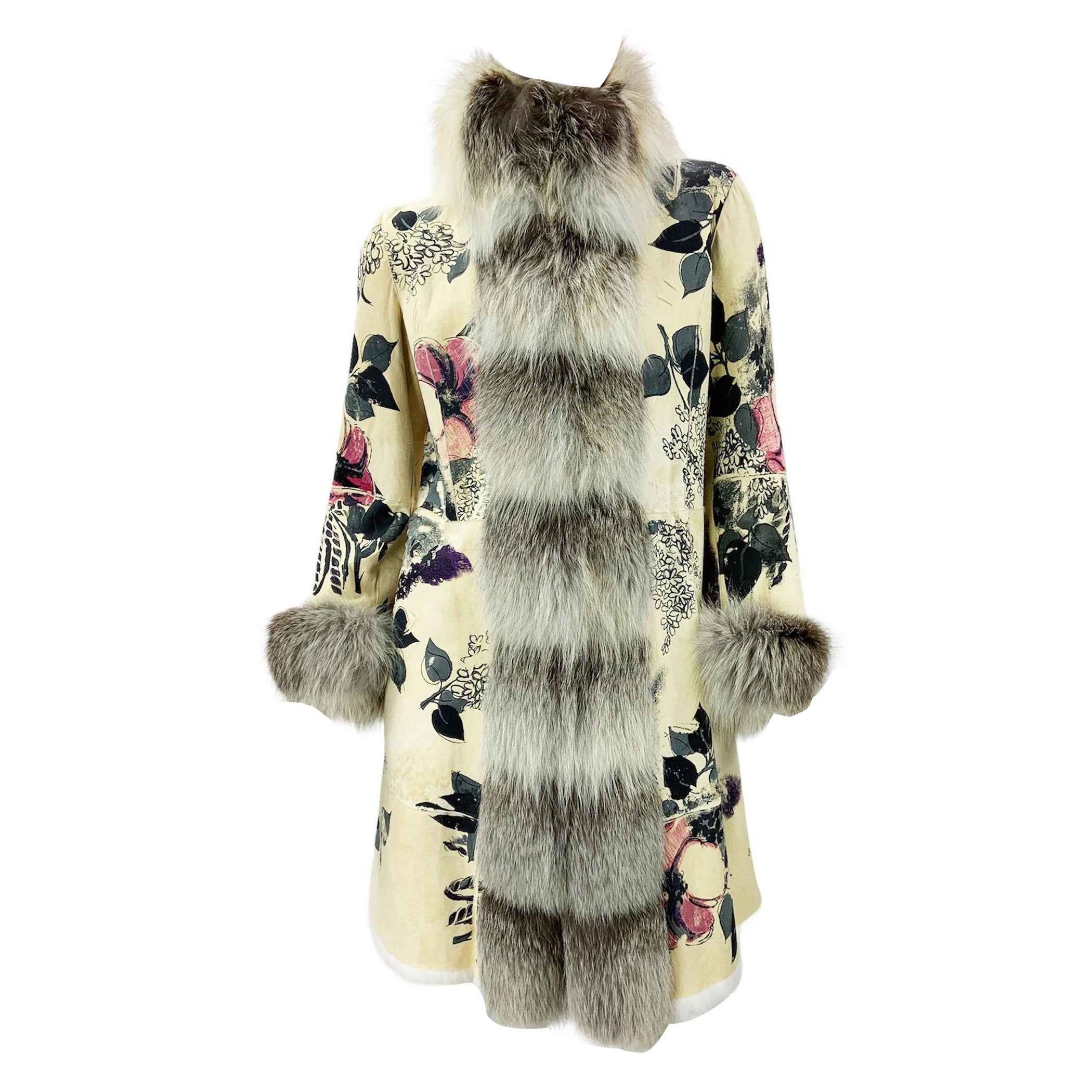 Roberto Cavalli F/W 2008 Shearling Hand Painted Fur Lined Coat Italian 40 NEW For Sale