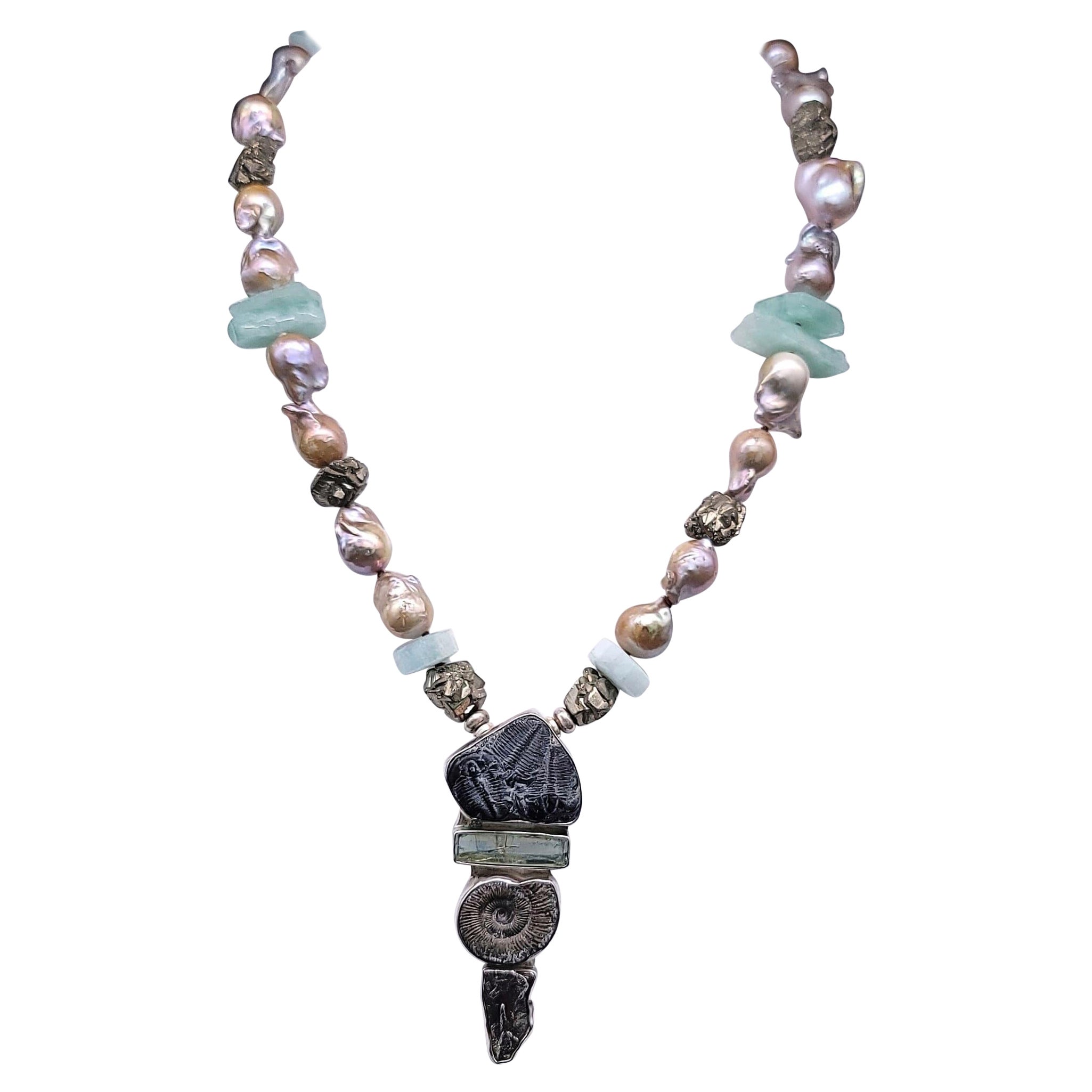 A.Jeschel Baroque Pearl and Aquamarine Necklace with Fine Roman Glass Pendant.