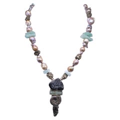 A.Jeschel Baroque Pearl and Aquamarine Necklace with Fine Roman Glass Pendant.