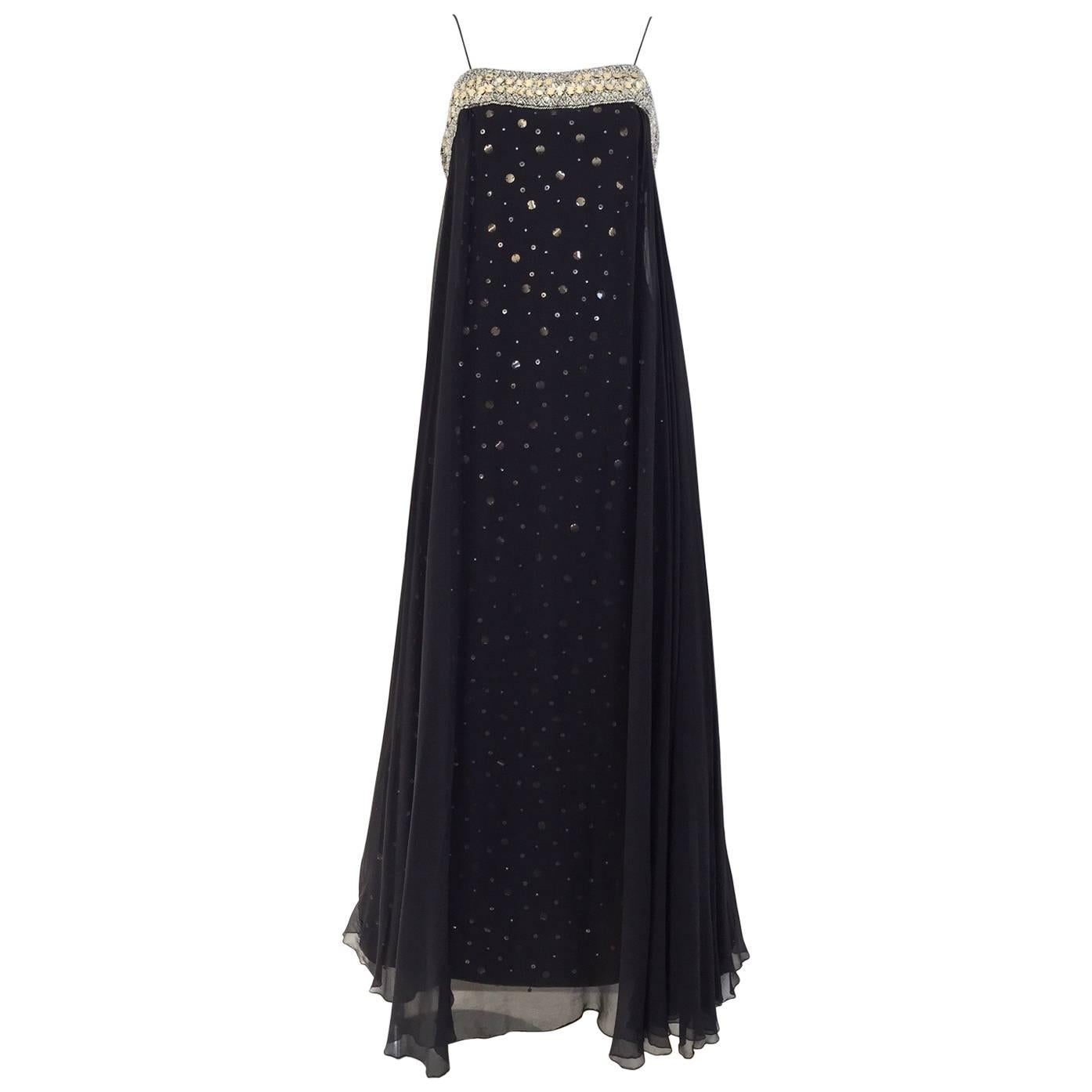 1960s Black Silk Spaghetti Strap Gown With Rhinestones
