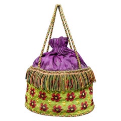 Antique Purse Reticule in trimmings, petit point and taffeta - France around 1860