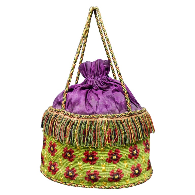 Purse Reticule in trimmings, petit point and taffeta - France around 1860  For Sale at 1stDibs