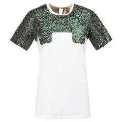 T-Shirt aus weißer Baumwolle mit grünem Paillettendetail, Größe S