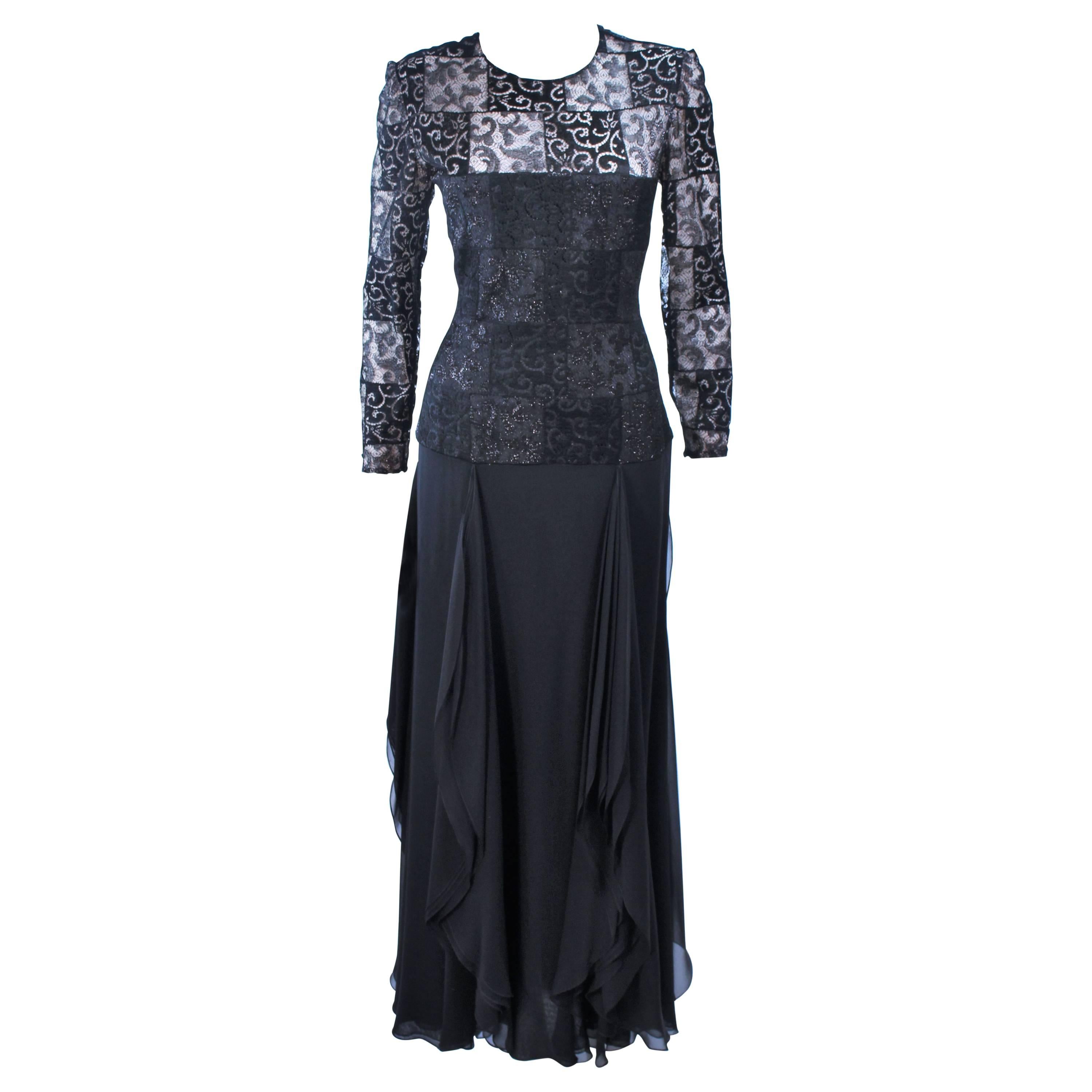 CAROLINA HERRERA Black Metallic Lace and Chiffon Gown Size 12 For Sale
