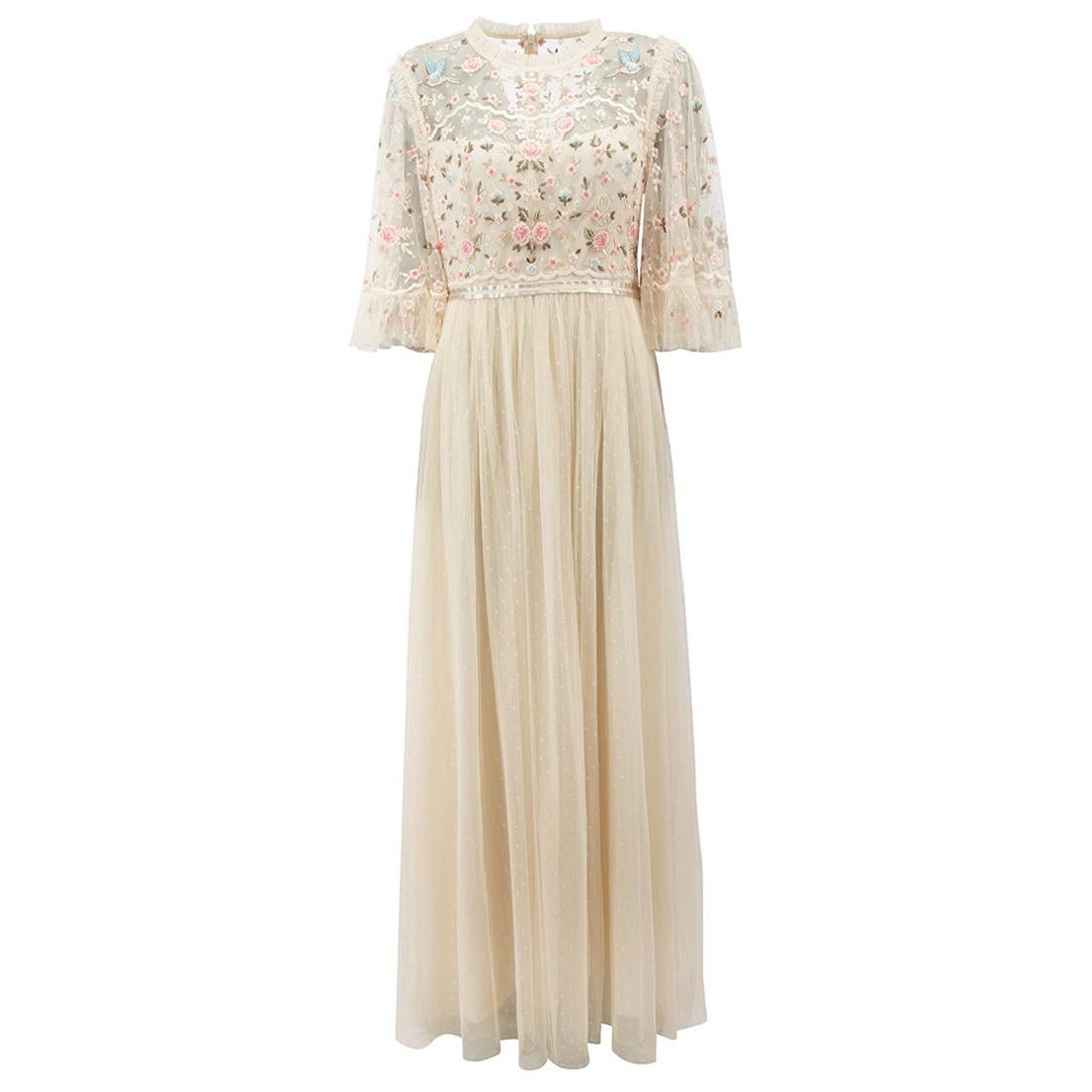 Cream Floral Embroidered Maxi Dress Size XL For Sale
