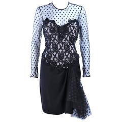 AFTER FIVE I. MAGNIN Black Silk Polka Dot Mesh Sequin Lace Cocktail Dress 6 12