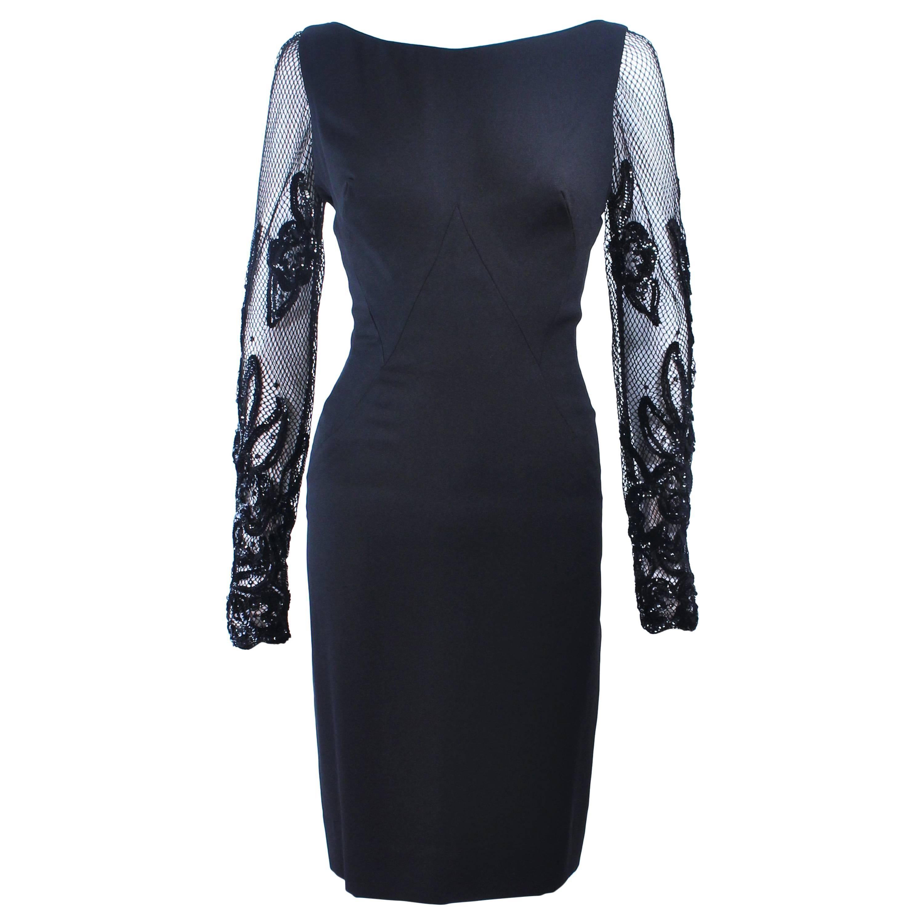 SYDNEY NORTH Black Silk Cocktail Dress with Sequin Mesh Sleeves Size 6 8 For Sale