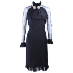 Vintage LUCY DE CASTENOU Black Silk Rhinestone Dress with Sheer Sleeves & Ruffles Size 8