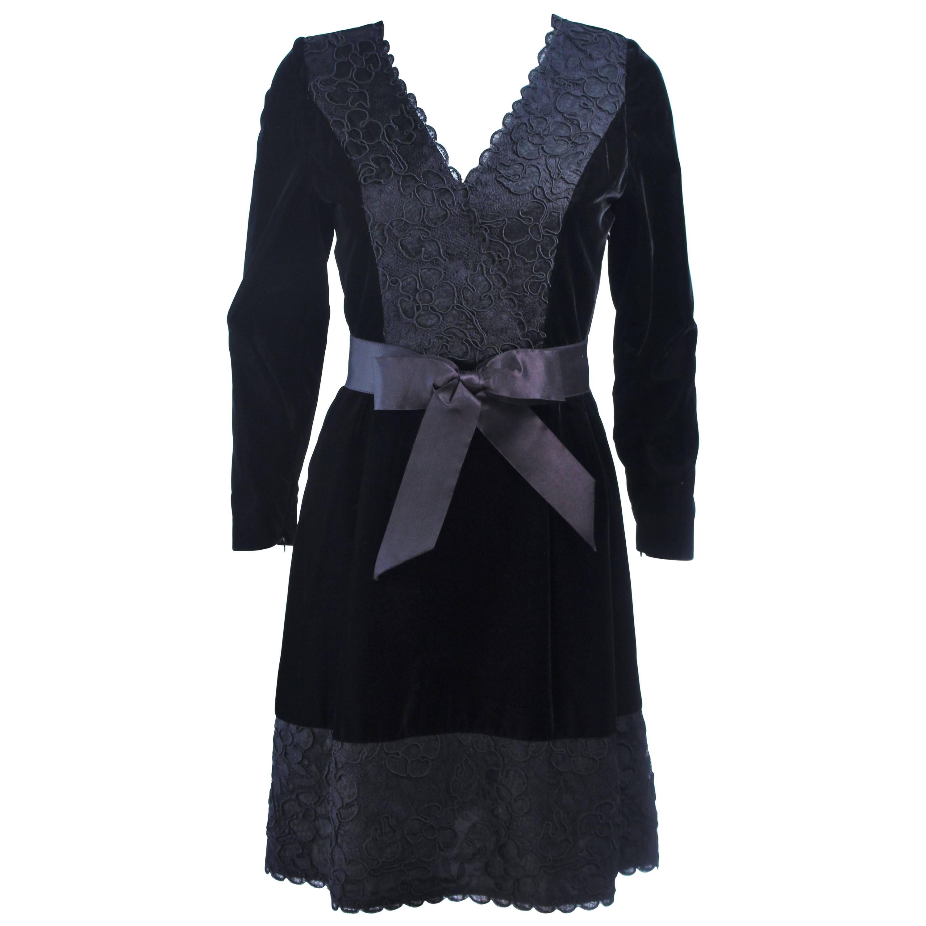 GIVENCHY Black Velvet Cocktail Dress with Lace Trim and Satin Belt Size 4 For Sale