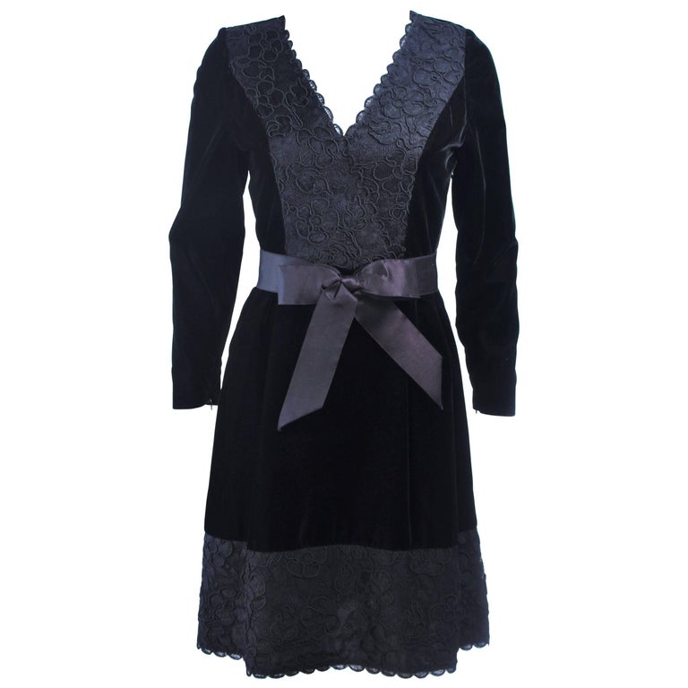 GIVENCHY Black Velvet Cocktail Dress with Lace Trim and Satin Belt Size 4  For Sale at 1stDibs | givenchy black velvet dress, givenchy tiered lace  silk gown, black givenchy lace and velvet