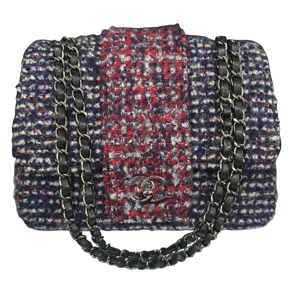 Chanel  Navy Red Knit Tweed Small Elementary Chic Flap Bag
