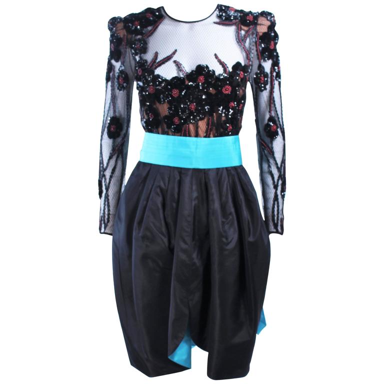 PAUL LOUIS ORRIER Black Silk Beaded Cocktail Dress with Turquoise Belt