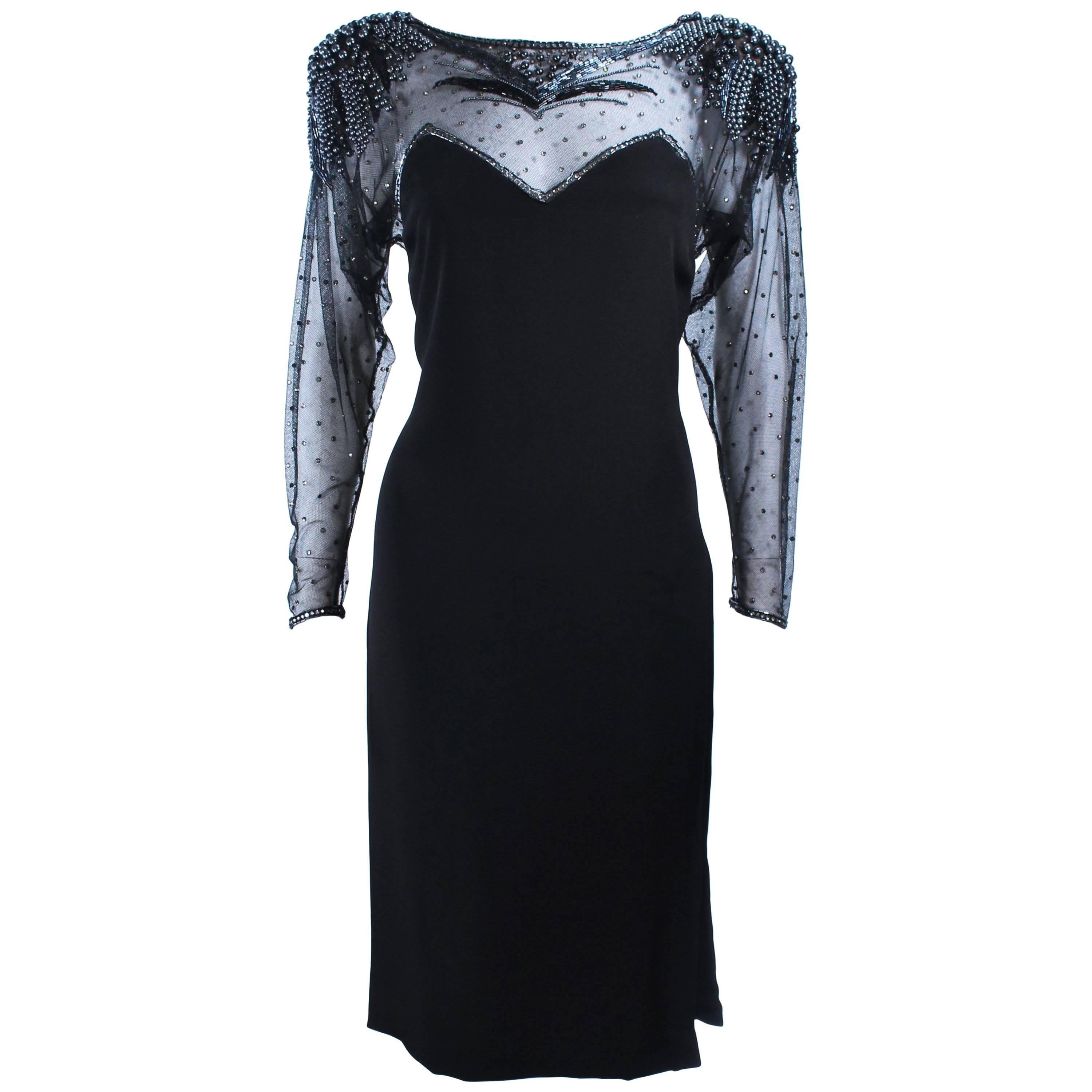 FRANK COMPOSTO Black Cocktail Dress with Sheer Beaded Sleeves Size 8 For Sale