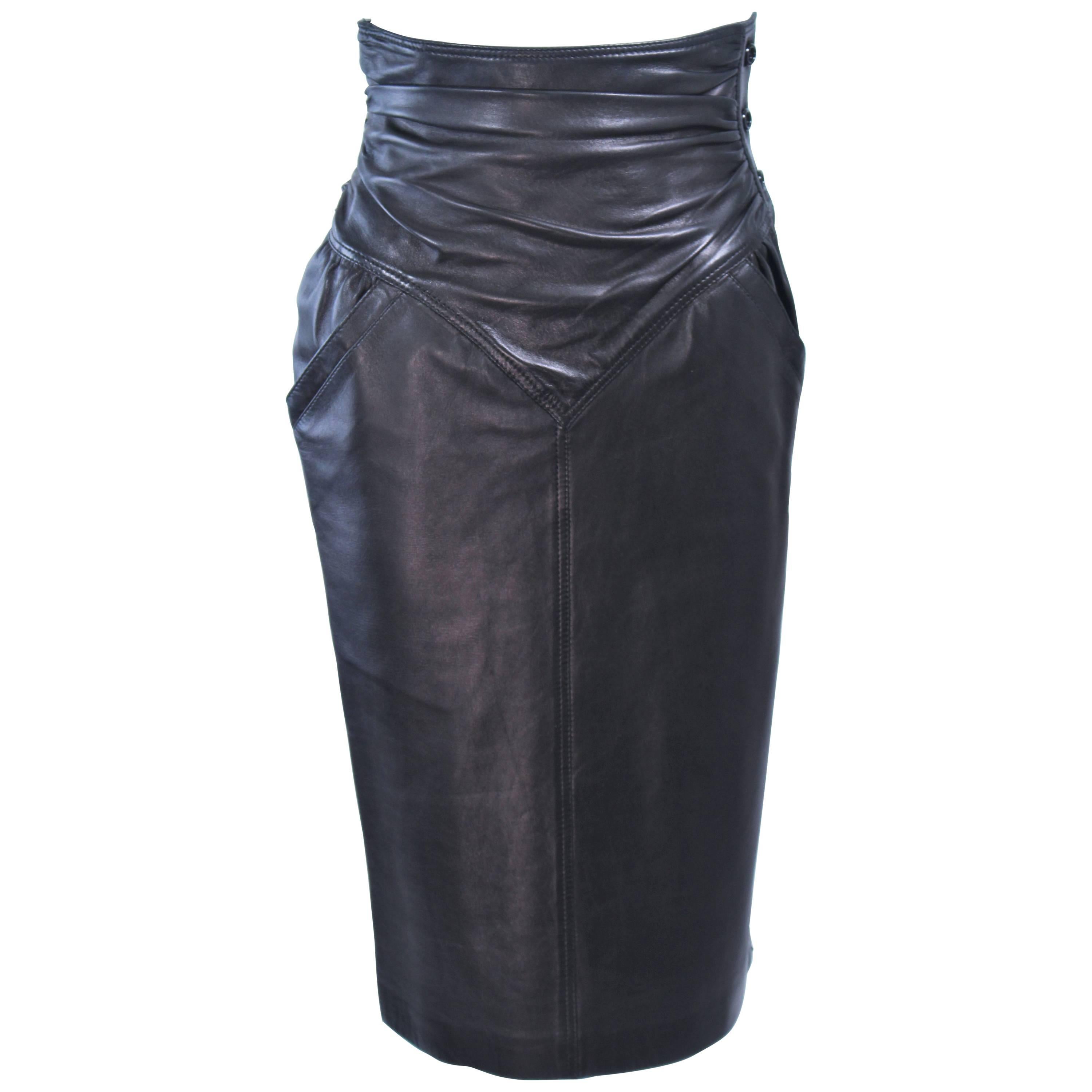 UNGARO Black Leather Gathered High Waist Skirt Size 2 4