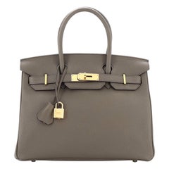Hermes Birkin Handbag Vert De Gris Clemence with Gold Hardware 30