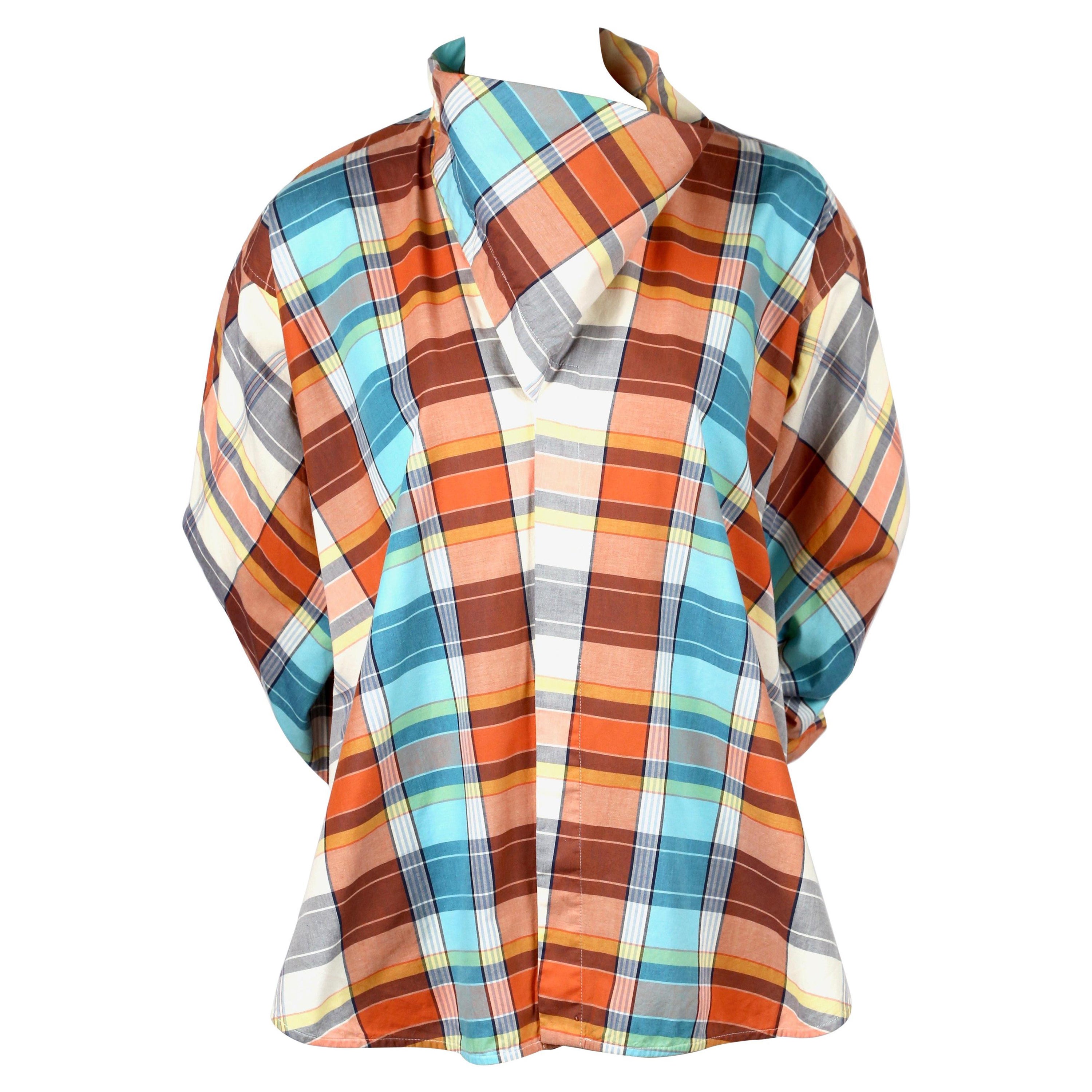 NEW 2013 CELINE by PHOEBE PHILO plaid cotton runway top with draped neck For Sale