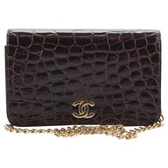 Vintage Chanel Brown Glazed Alligator Leather GHW Chain Strap Small Flap Bag