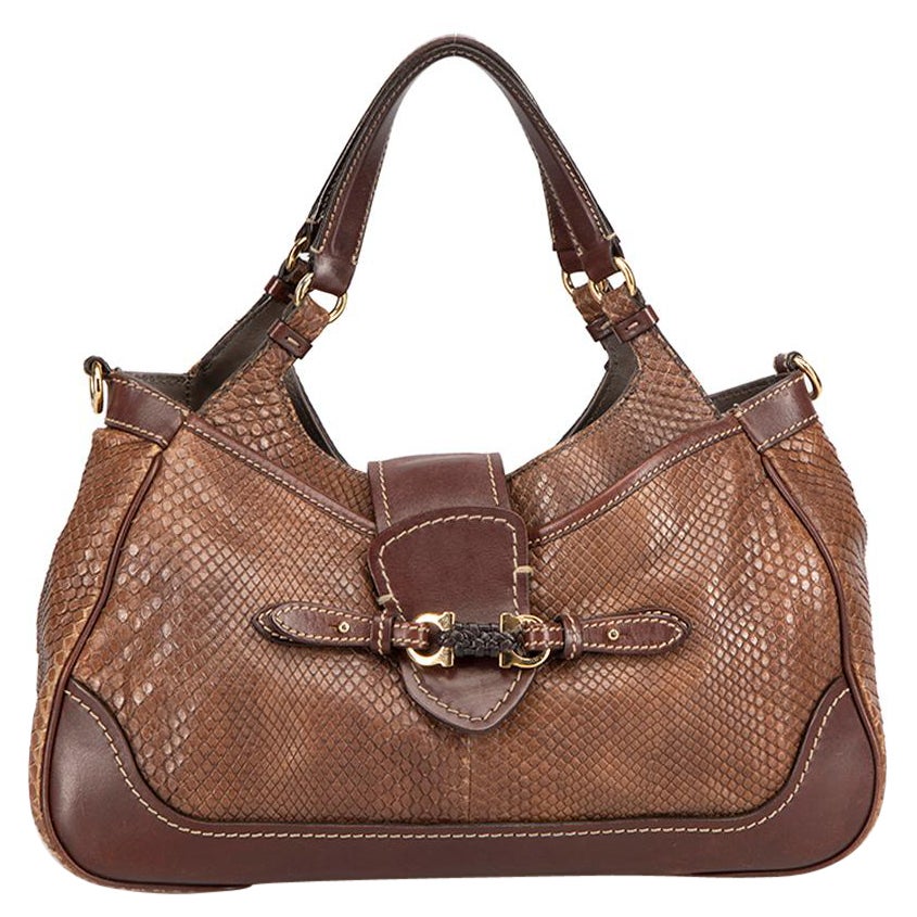 Salvatore Ferragamo Women's Brown Snakeskin Gancini Bag For Sale