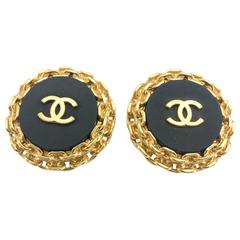 Chanel Gold-Plate On Black Resin Large Logo Earrings - Circa 1993 Chanel Gold-Plate On Black Resin Large Logo Earrings - Circa 1993
