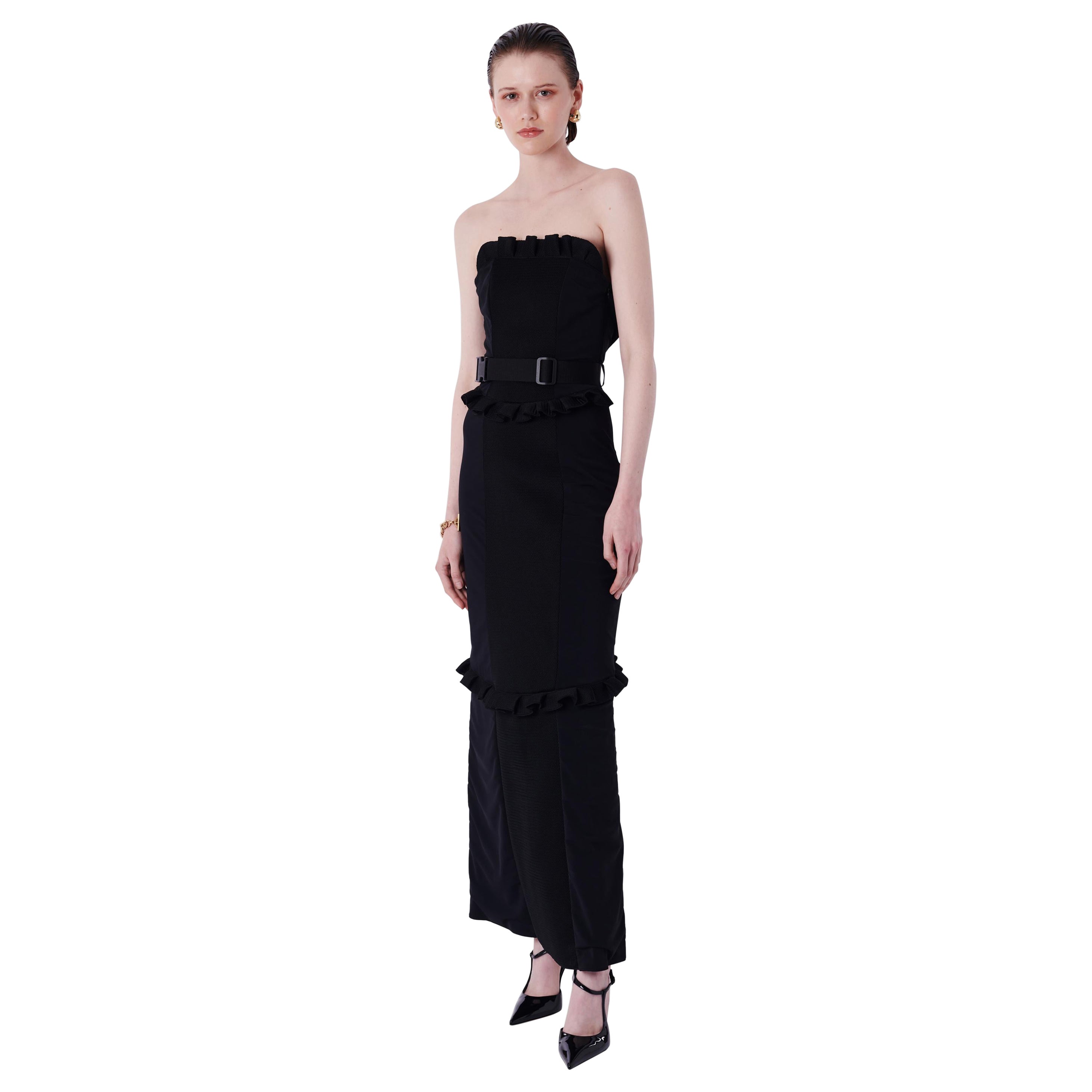 Miu Miu F/W 1999 Runway Black Ruffled Strapless Maxi Dress