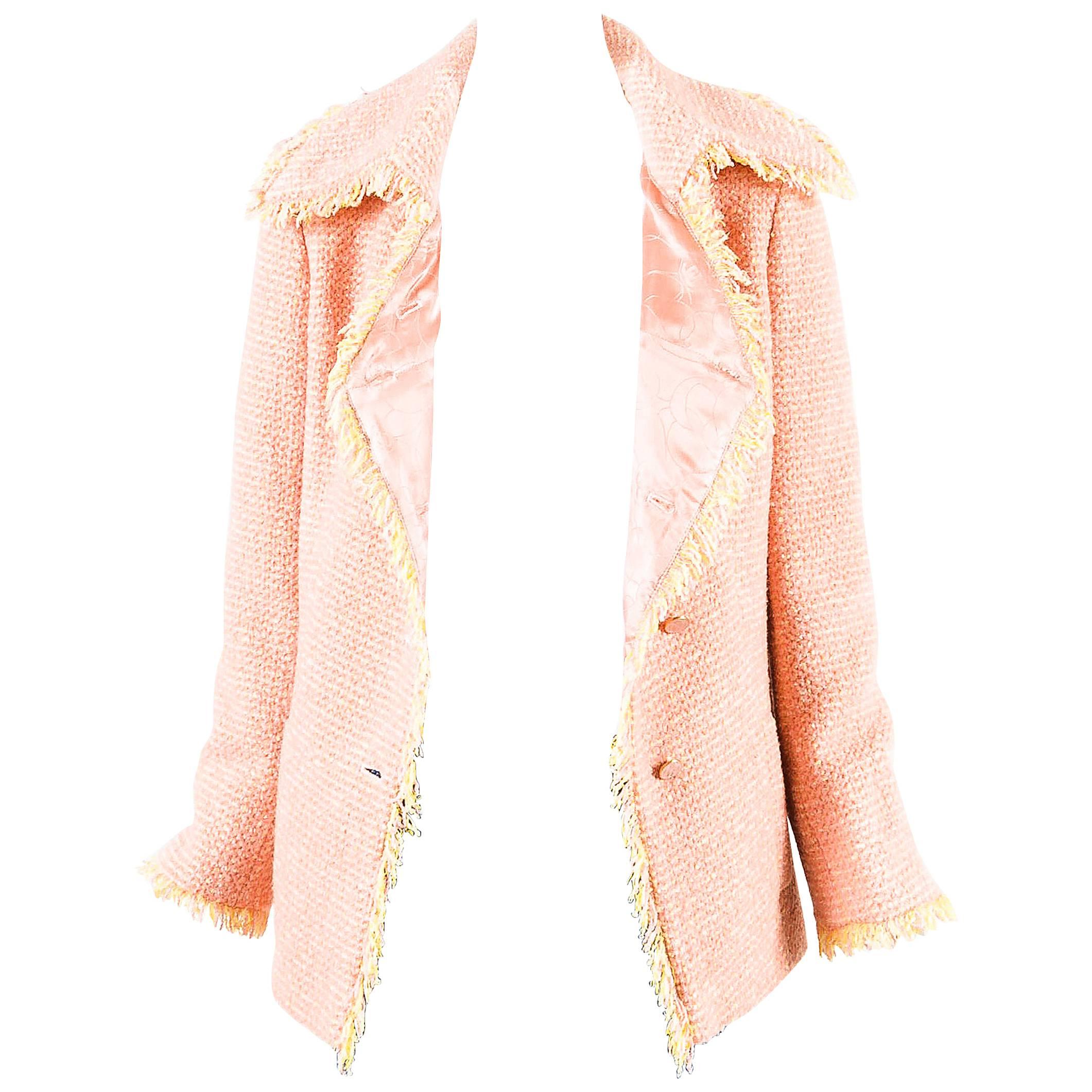 Chanel 01A Pink & Yellow Wool Tweed Fringe Trim 'COCO' Button Jacket Size 38