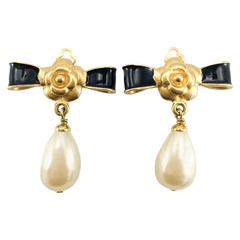 Chanel Gold-Plated Camellia, Enameled Black Bow and Pearl Drop Earrings - 1993