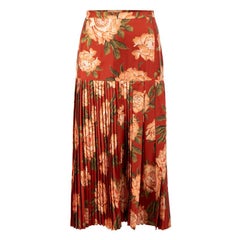 Red Silk Floral Pleated Midi Skirt Size L