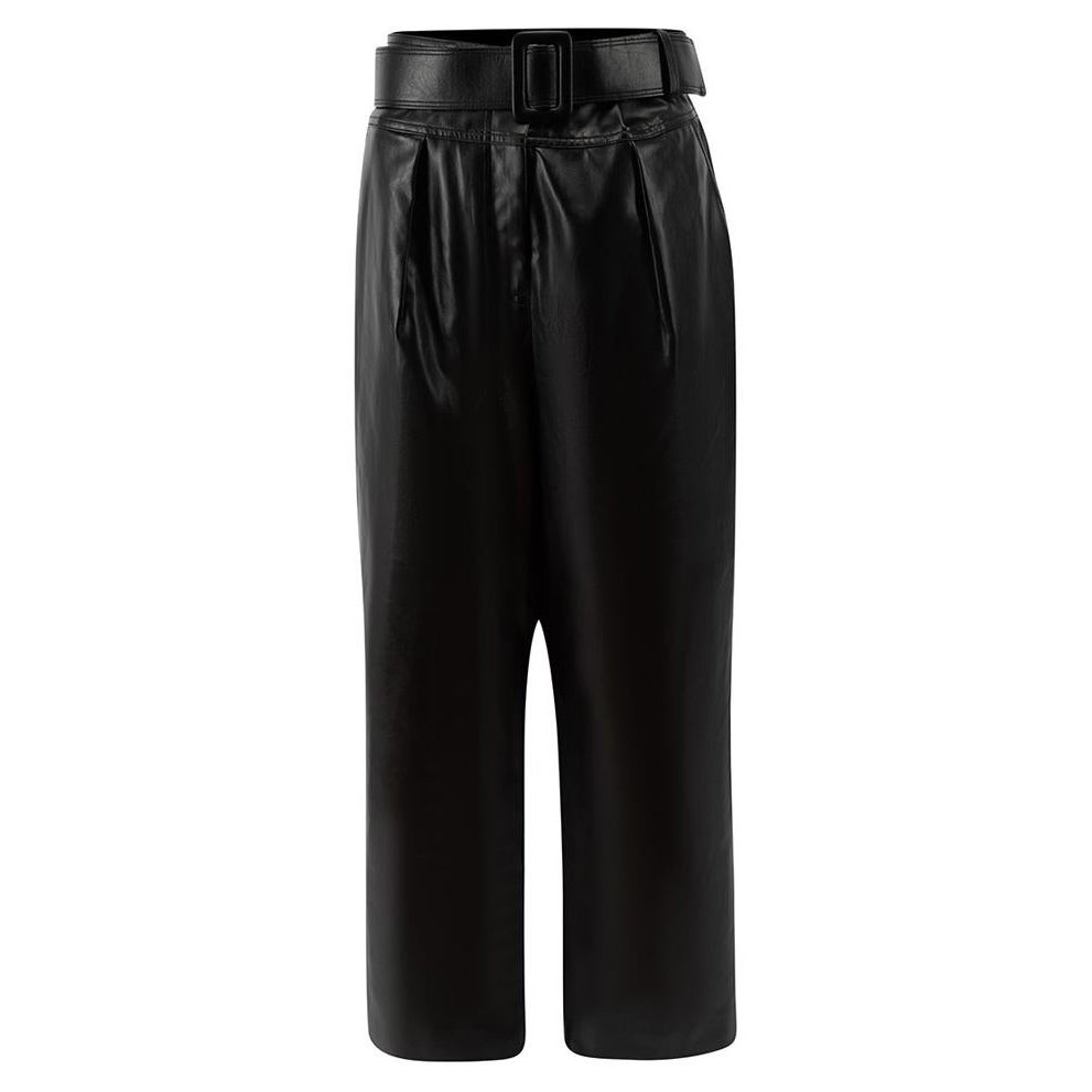 Black Faux Leather Belted Trousers Size L For Sale