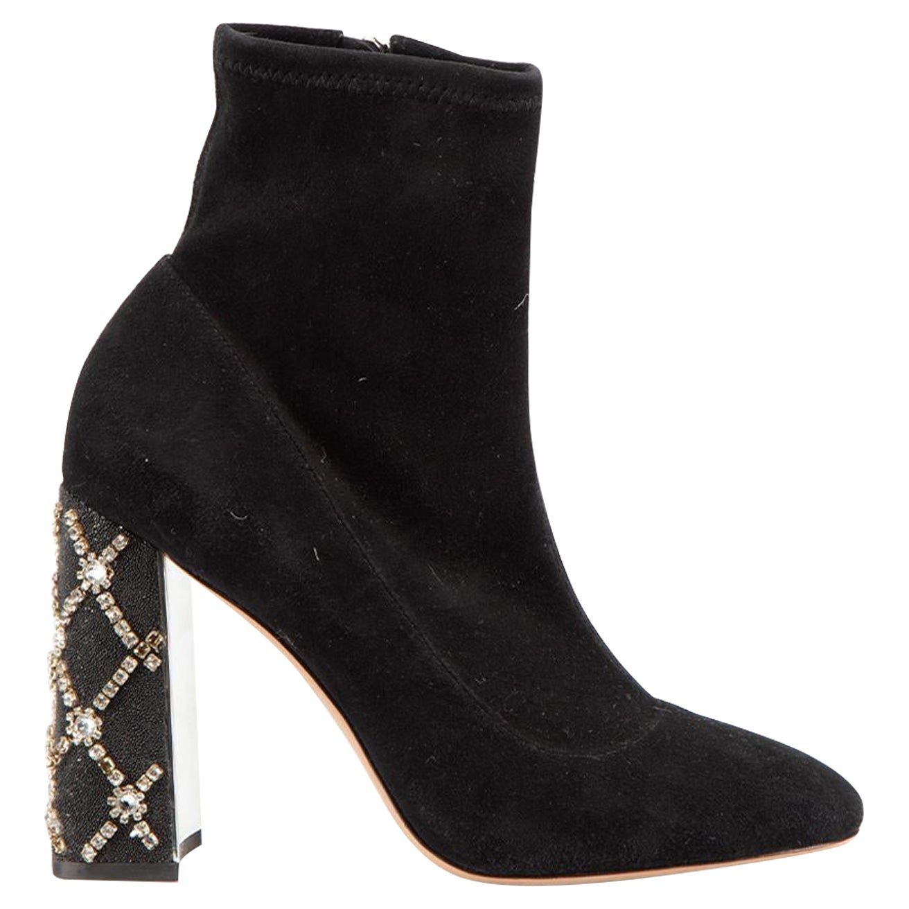 Black Suede Crystal Heel Boots Size IT 39 For Sale