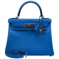 Hermes Kelly II Retourne 28 Evercolor Leather T7 Blue Hydra Color PHW 2016