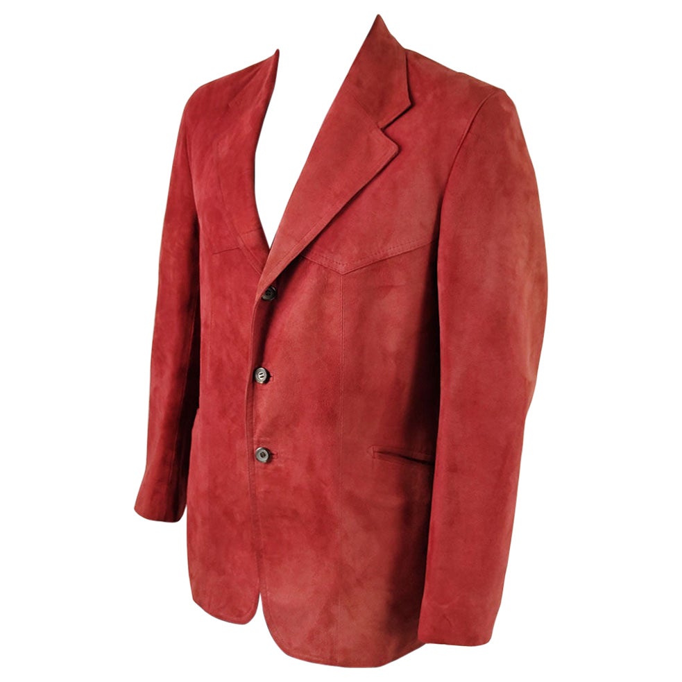 Vintage Mens Red Lambskin Suede Blazer 70s Sport Coat Jacket, 1970s For Sale