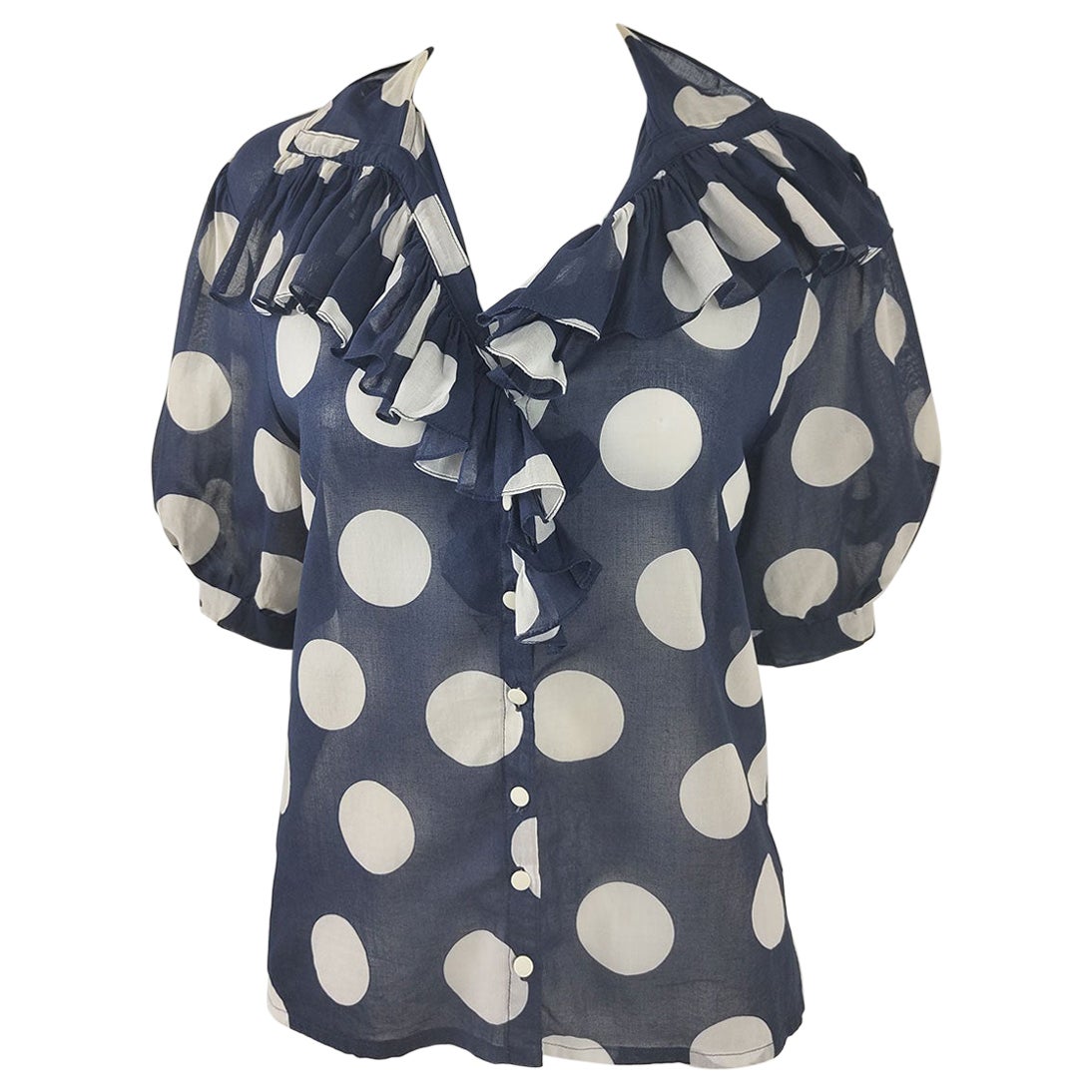 Jean Dessès Paris Vintage Sheer Navy Polka Dot Puff Sleeve Ruffle Collar Blouse For Sale