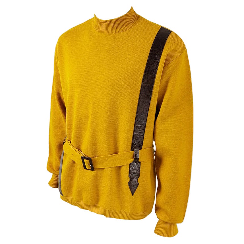 Harrods Vintage Mens 60s Mustard Yellow Vinyl Belted Sweater Jumper For Sale