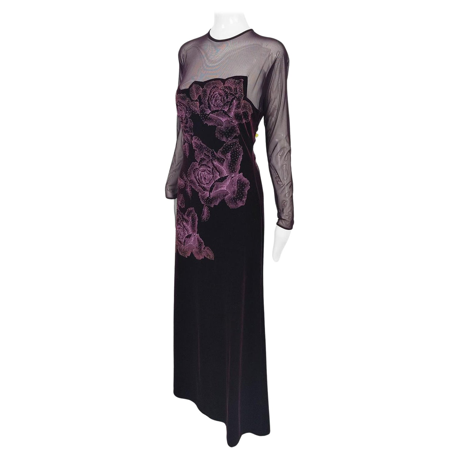 Tadashi Shoji Vintage Aubergine Mesh & Velvet Sexy Sheer Evening Gown Dress For Sale