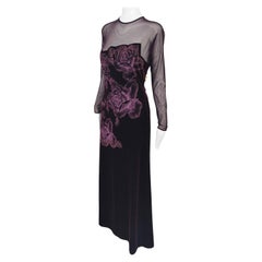 Tadashi Shoji Vintage Aubergine Mesh & Velvet Sexy Sheer Evening Gown Dress