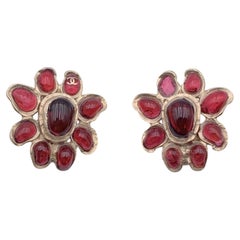 Chanel Light Gold Red Glass Cabochon Flowers Earrings