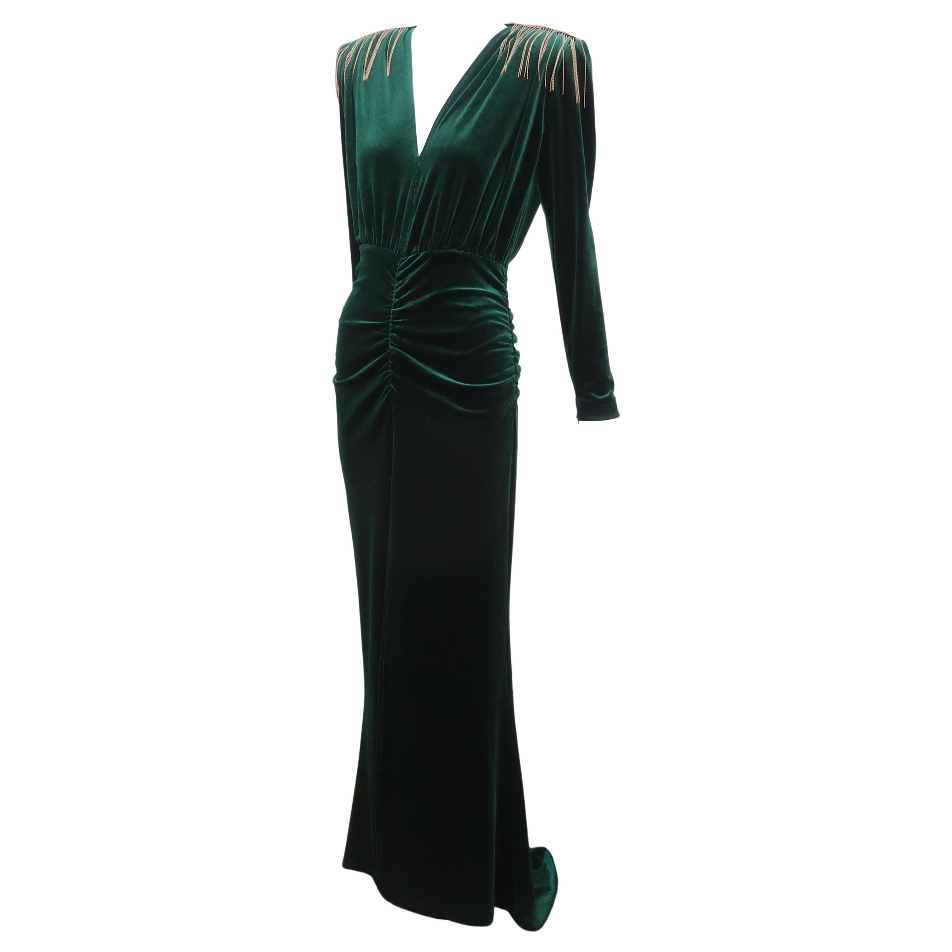Bronx & Banco Emerald Green Velvet Evening Dress With Gold Bead Fringe