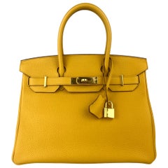 Used Hermes Birkin 30 Jaune Ambre Yellow Leather Gold Hardware Handbag Bag