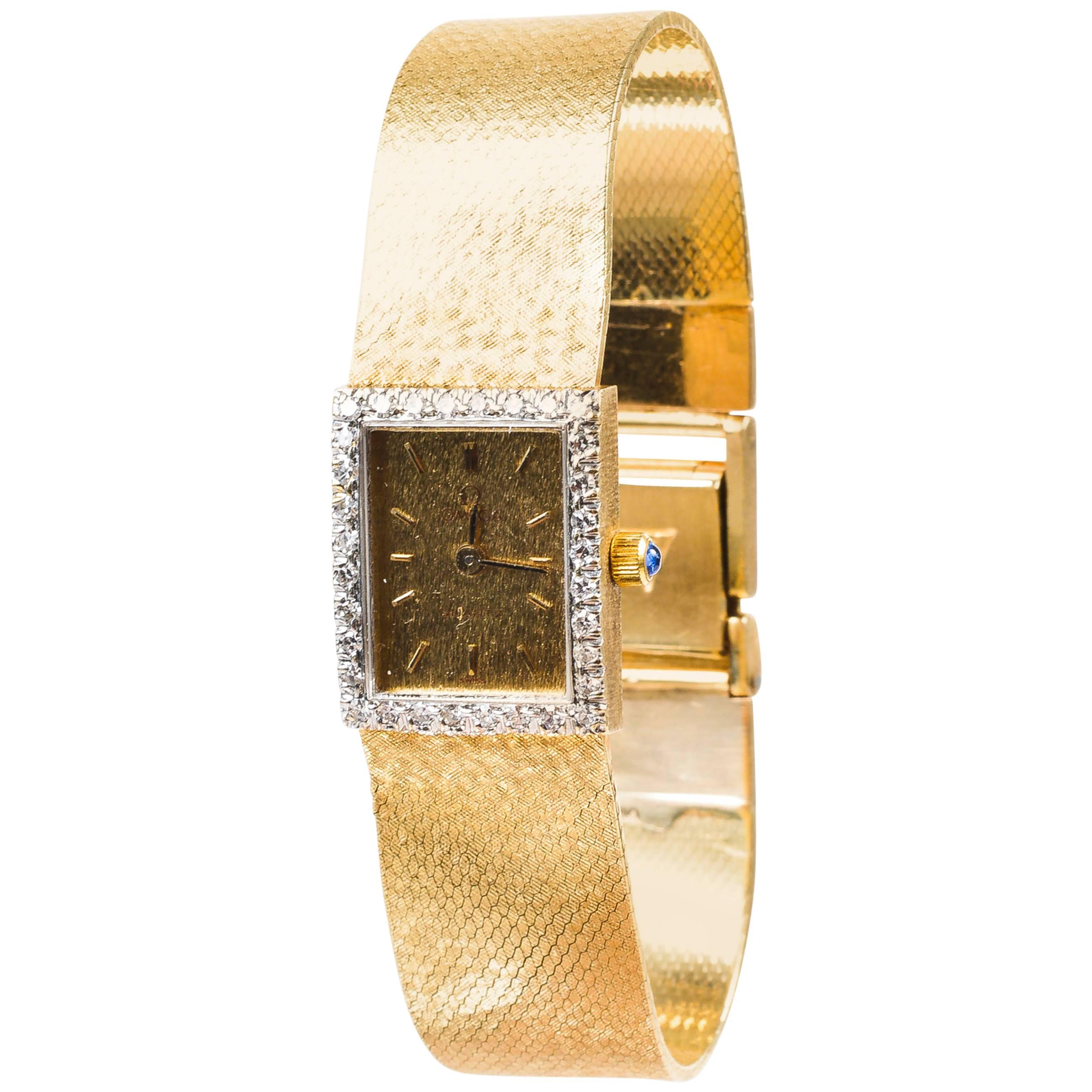 Vintage Omega $3995 14K Yellow Gold Diamond Rectangle Quartz Watch For Sale