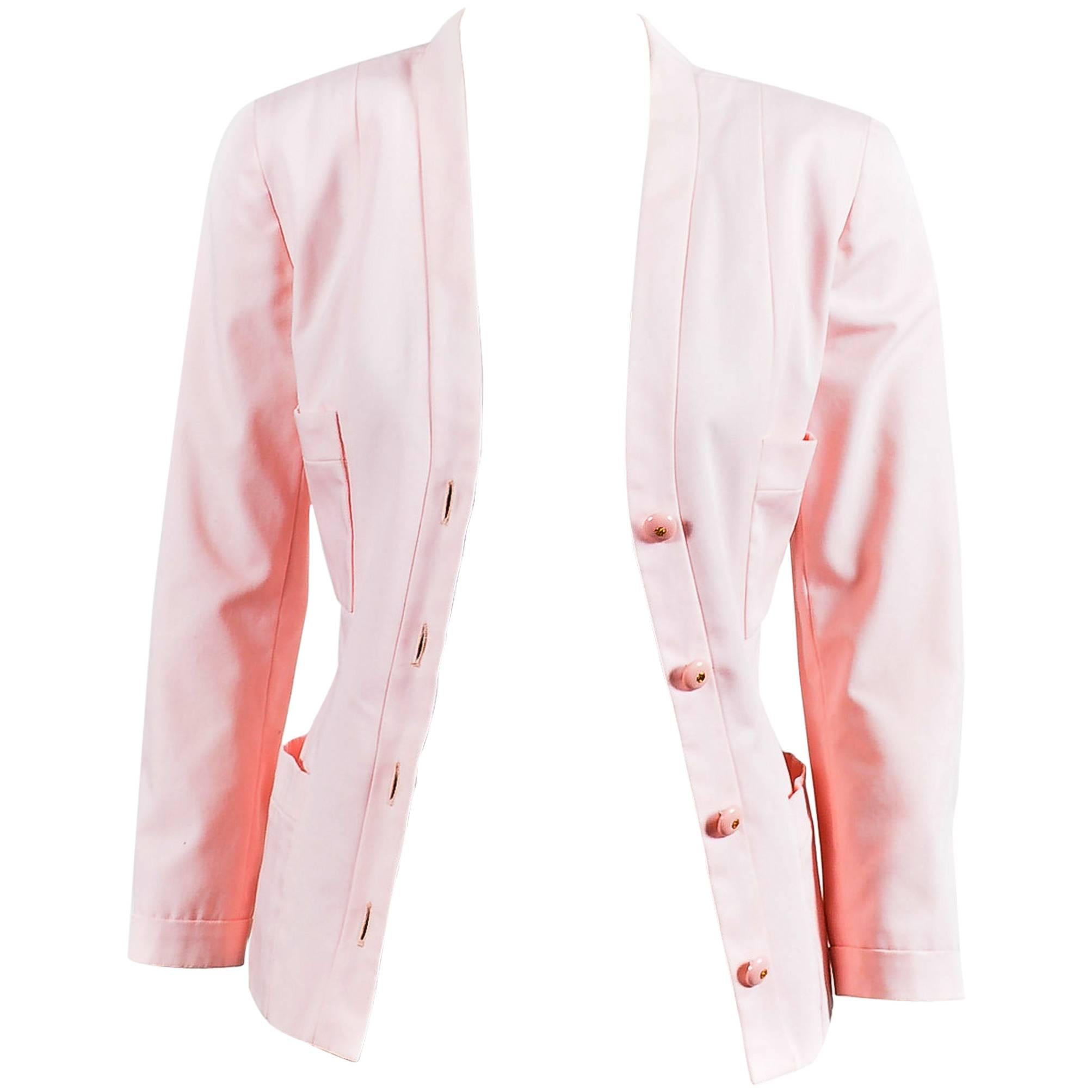 Chanel Light Pink Poplin Button Up Tailored Long Sleeve Blazer Jacket For Sale
