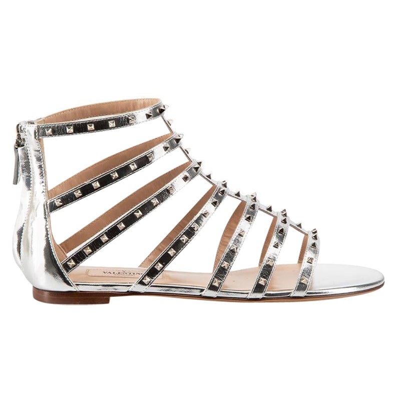 Silver Leather Rock Stud Gladiator Sandals Size IT 36 For Sale